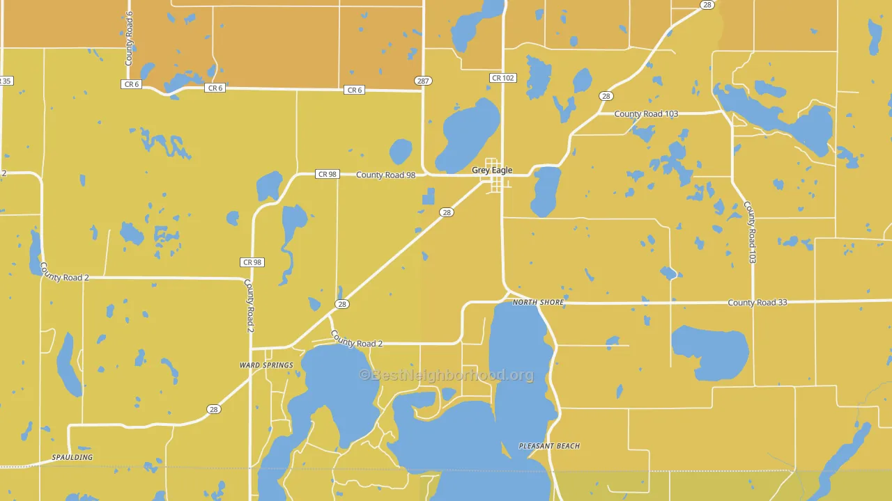 Map of the best neighborhoods in the 56336 area, with better matches in green and worse matches in red