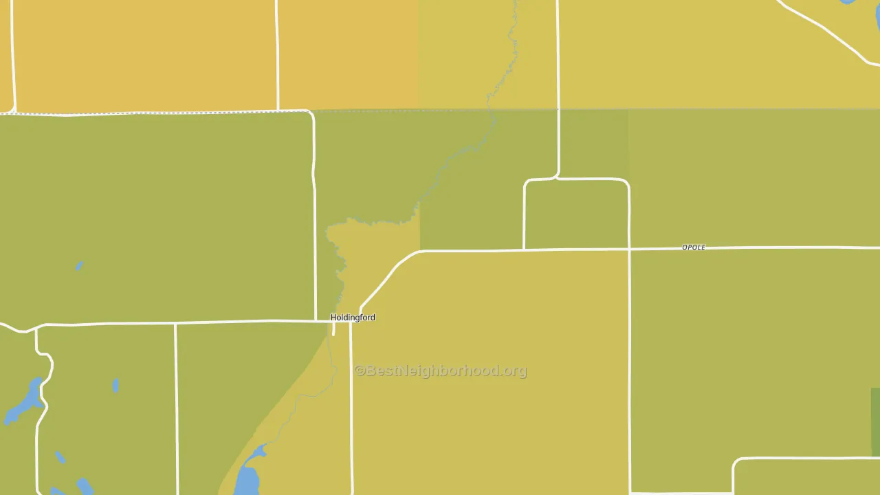 Map of the best neighborhoods in the 56340 area, with better matches in green and worse matches in red