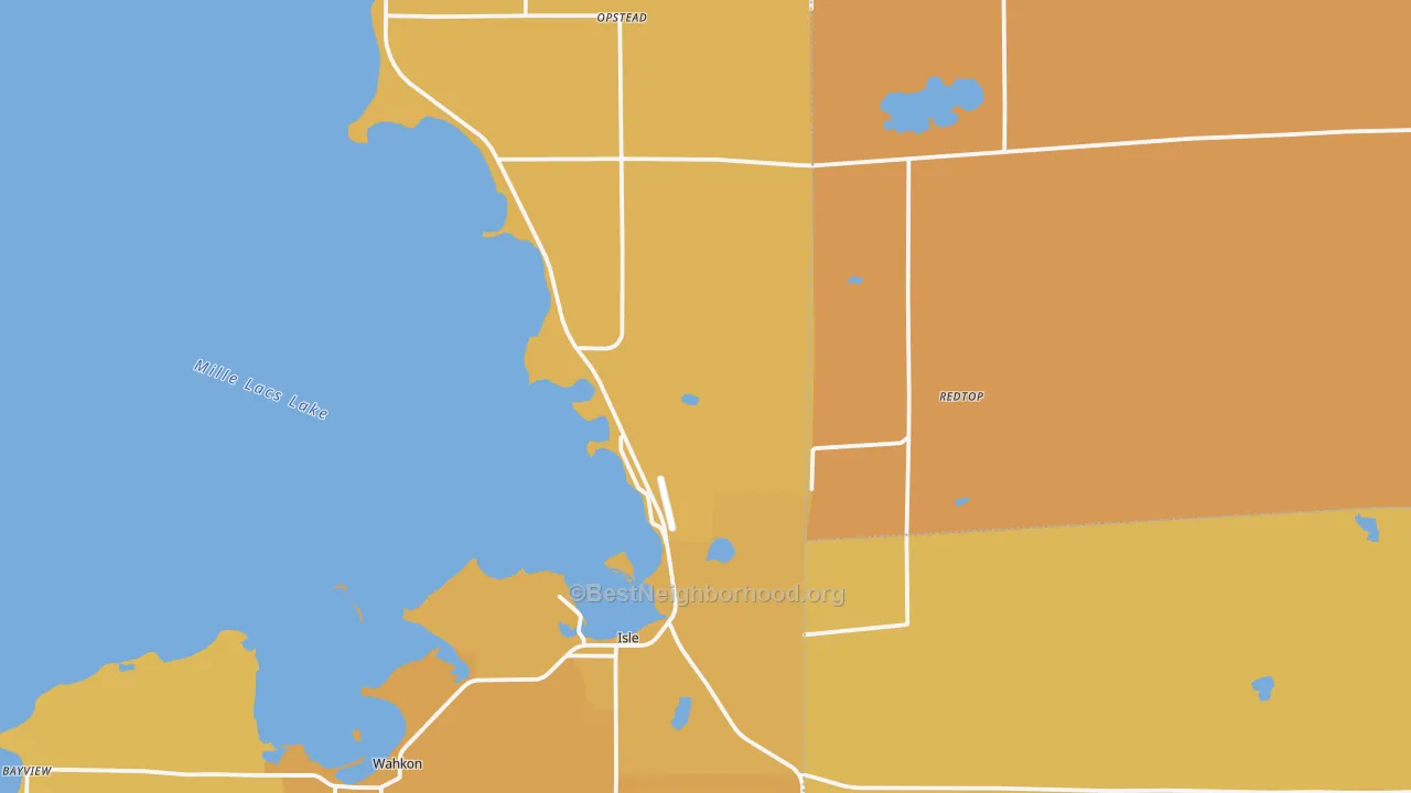 Map of the best neighborhoods in the 56342 area, with better matches in green and worse matches in red