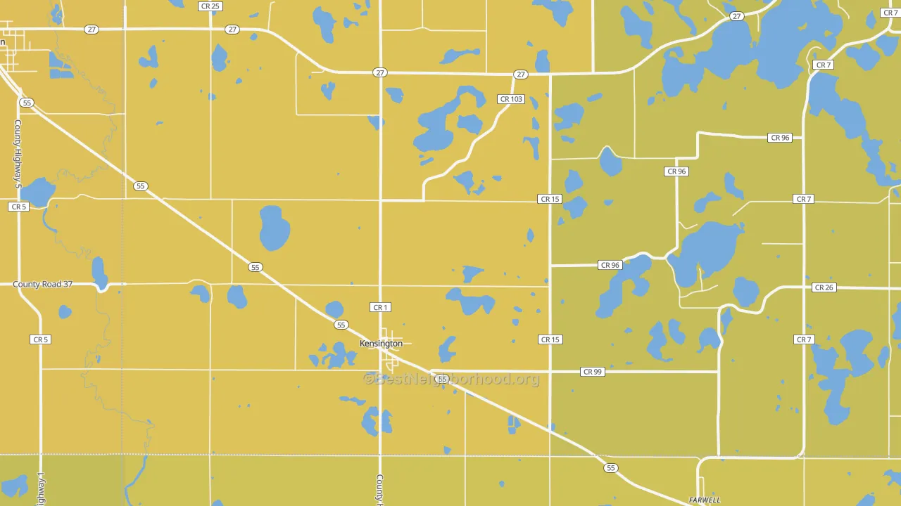 Map of the best neighborhoods in the 56343 area, with better matches in green and worse matches in red