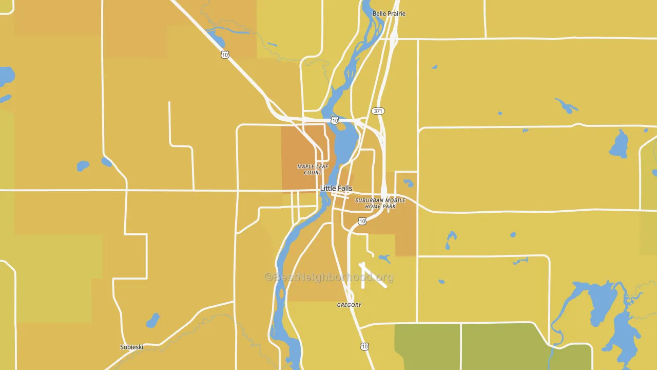 Map of the best neighborhoods in the 56345 area, with better matches in green and worse matches in red