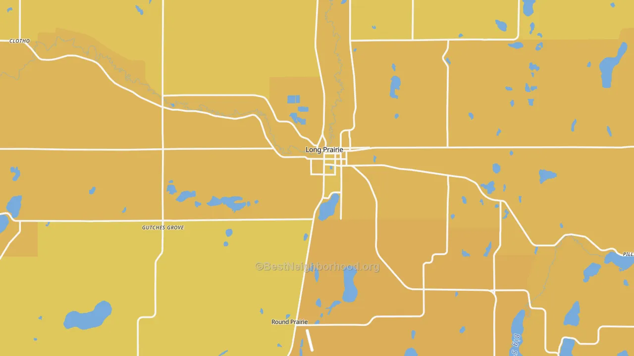Map of the best neighborhoods in the 56347 area, with better matches in green and worse matches in red