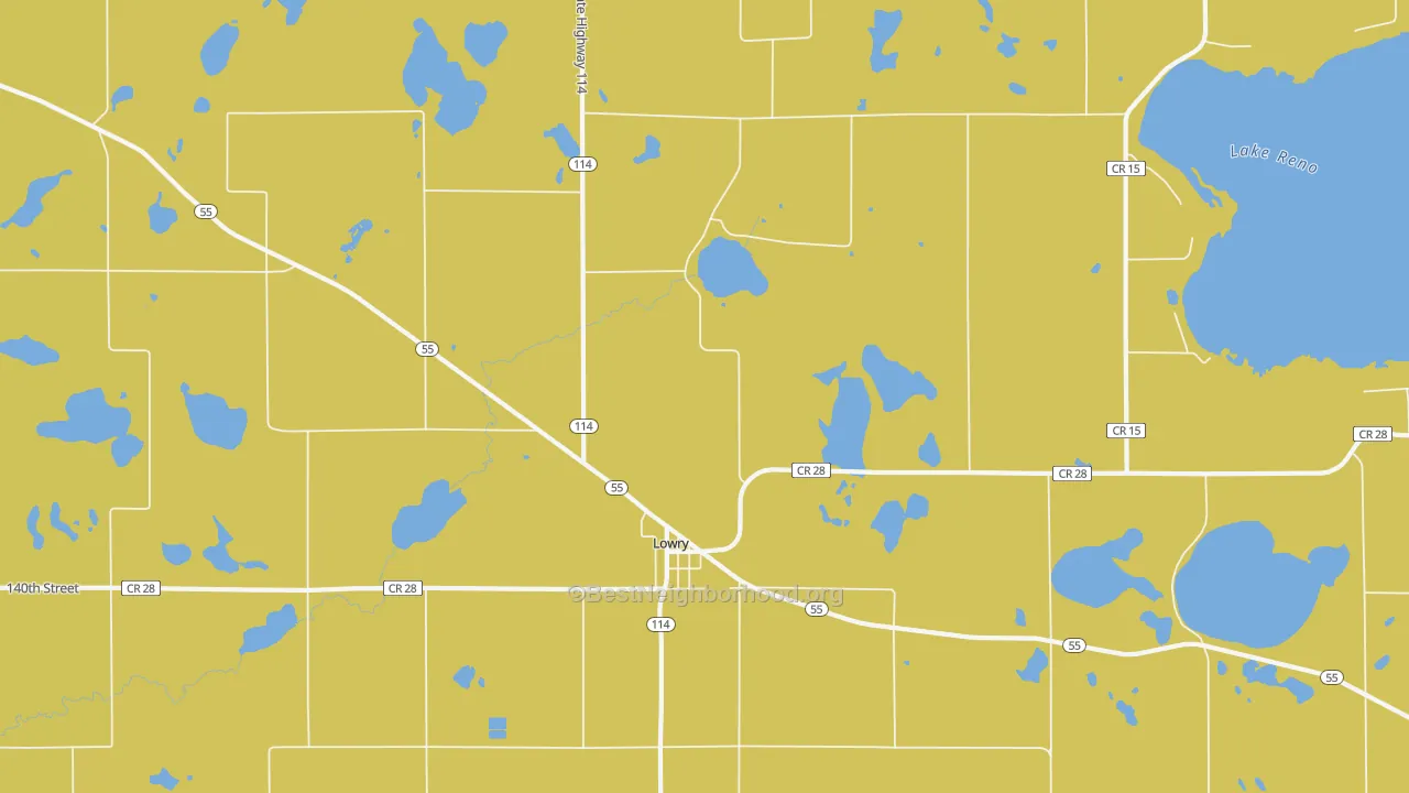 Map of the best neighborhoods in the 56349 area, with better matches in green and worse matches in red