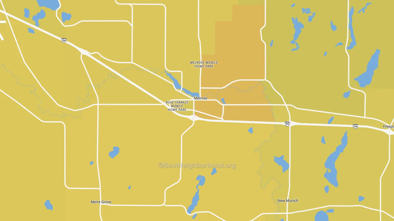 Map of the best neighborhoods in the 56352 area, with better matches in green and worse matches in red