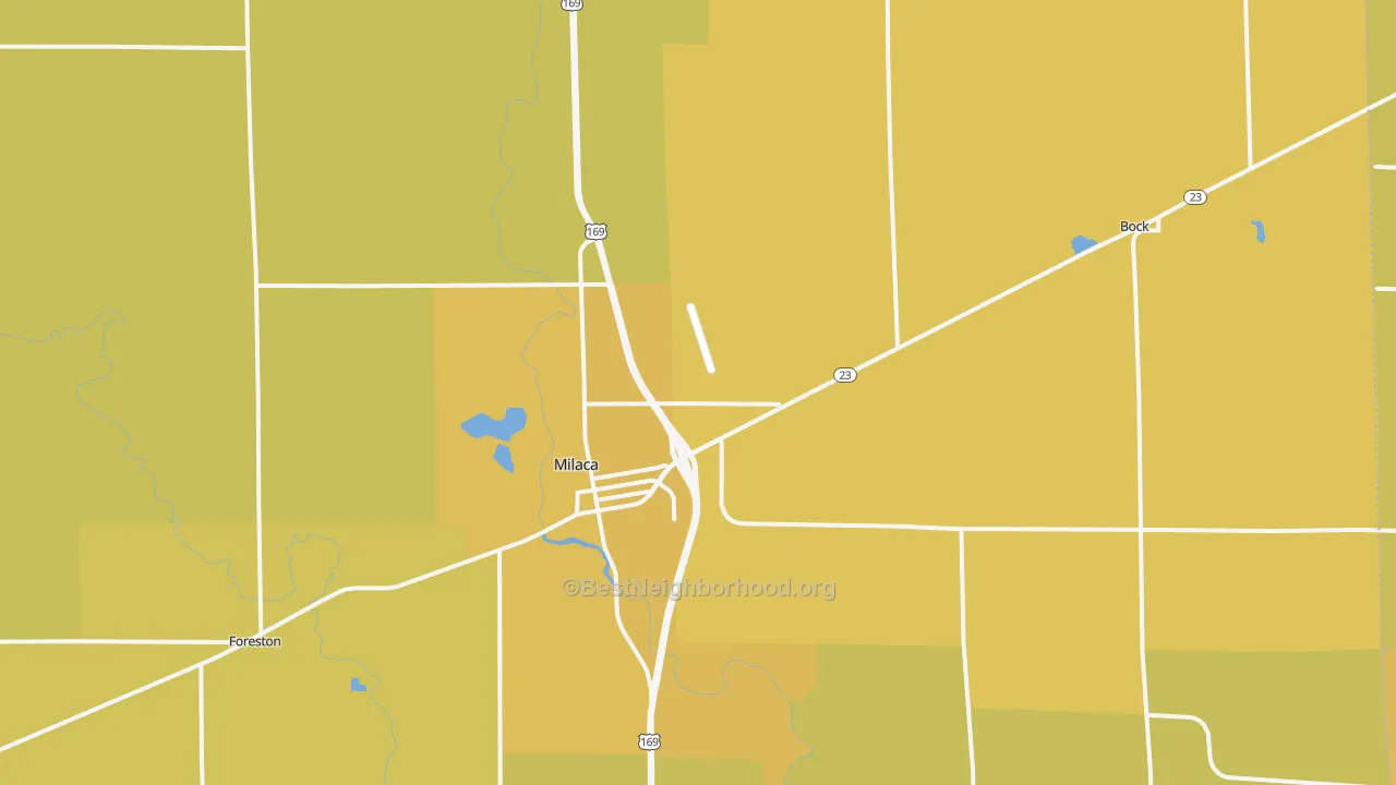 Map of the best neighborhoods in the 56353 area, with better matches in green and worse matches in red