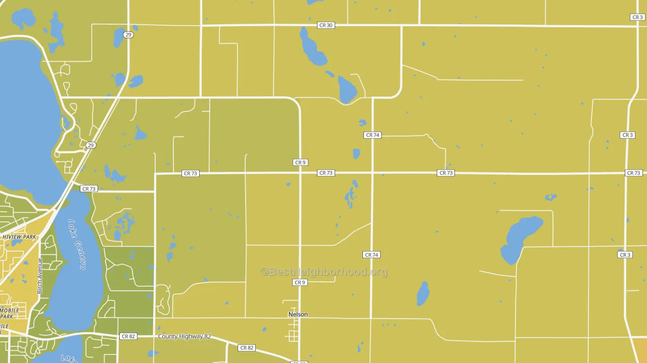 Map of the best neighborhoods in the 56355 area, with better matches in green and worse matches in red