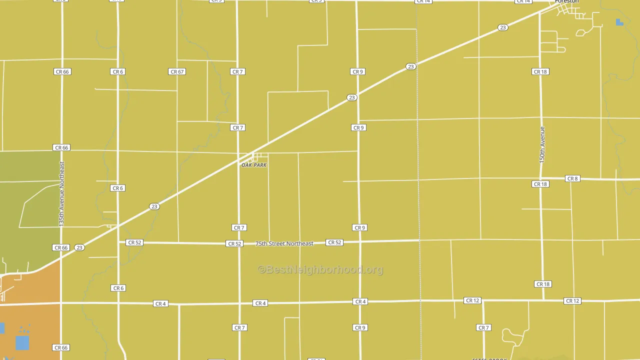Map of the best neighborhoods in the 56357 area, with better matches in green and worse matches in red