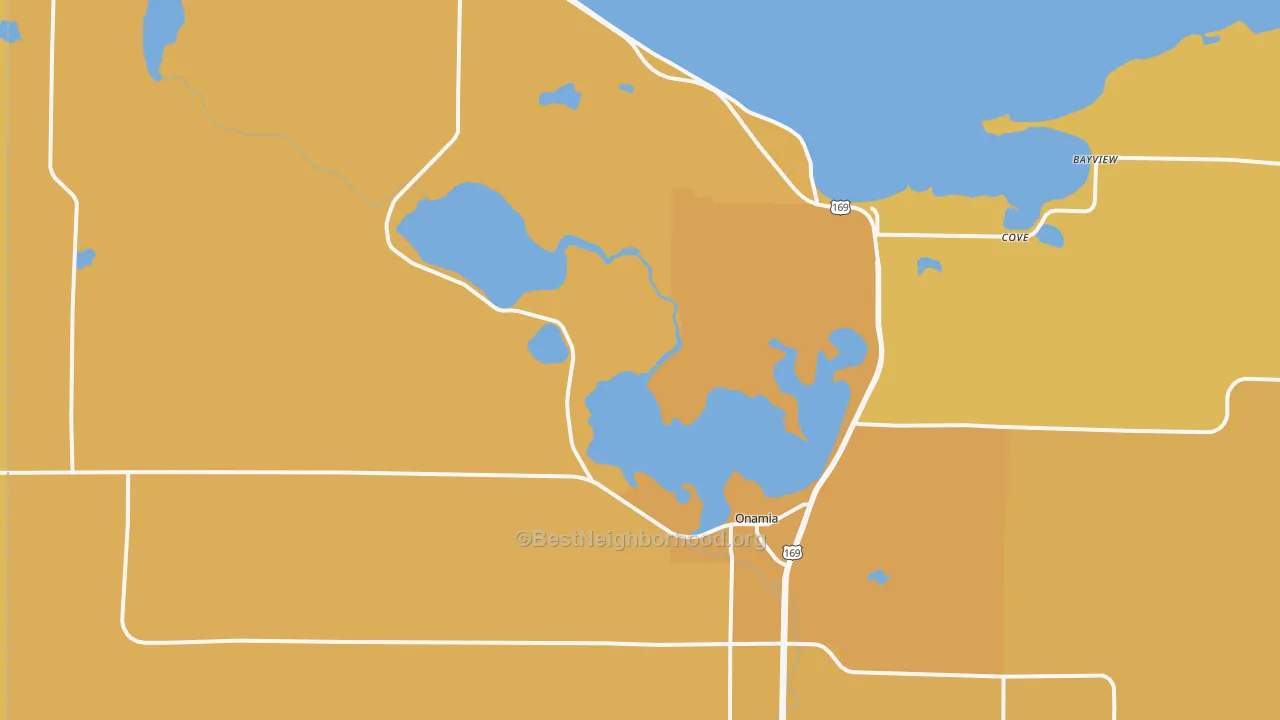 Map of the best neighborhoods in the 56359 area, with better matches in green and worse matches in red