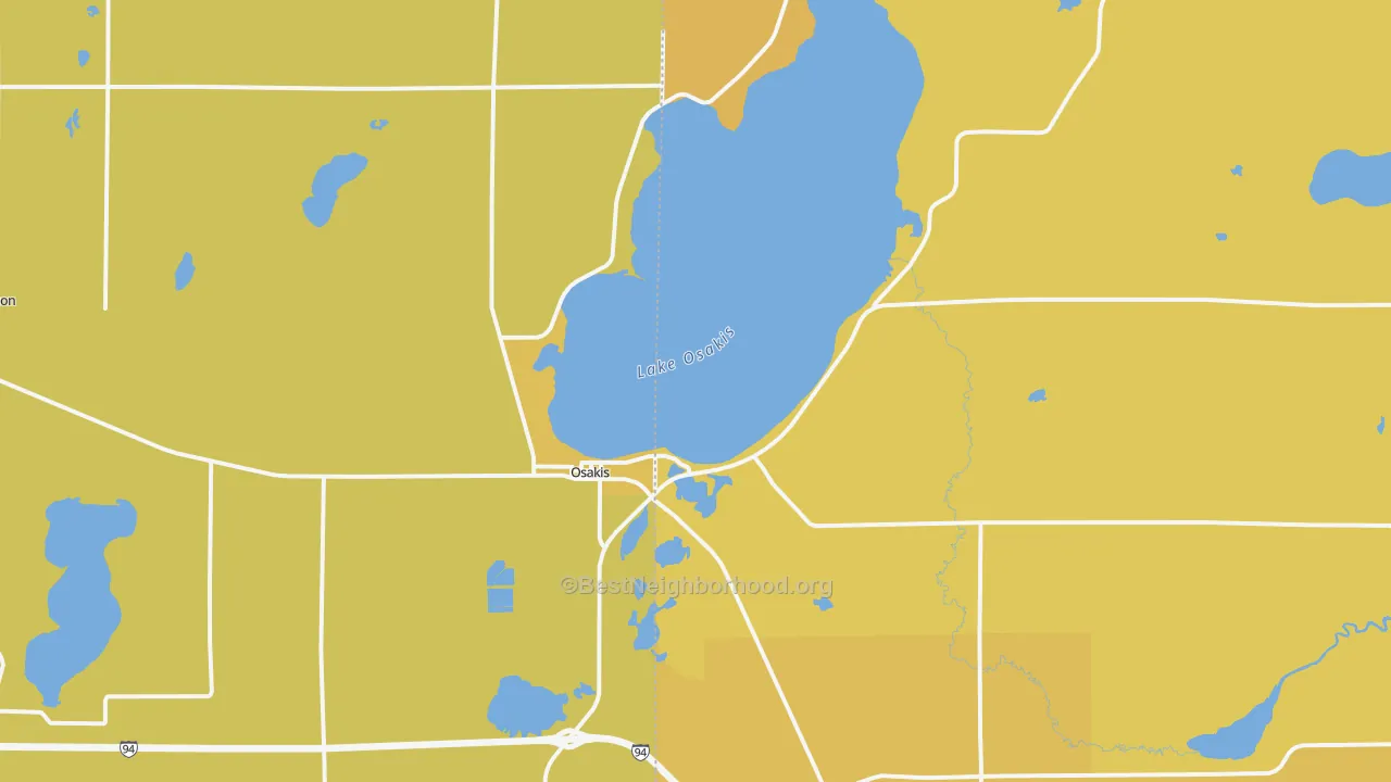 Map of the best neighborhoods in the 56360 area, with better matches in green and worse matches in red