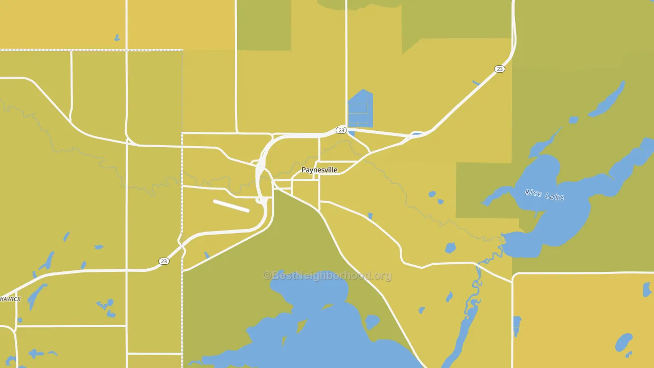 Map of the best neighborhoods in the 56362 area, with better matches in green and worse matches in red