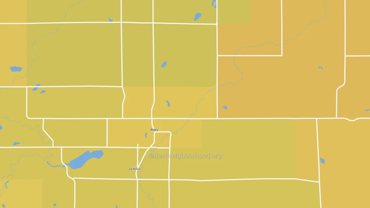 Map of the best neighborhoods in the 56364 area, with better matches in green and worse matches in red