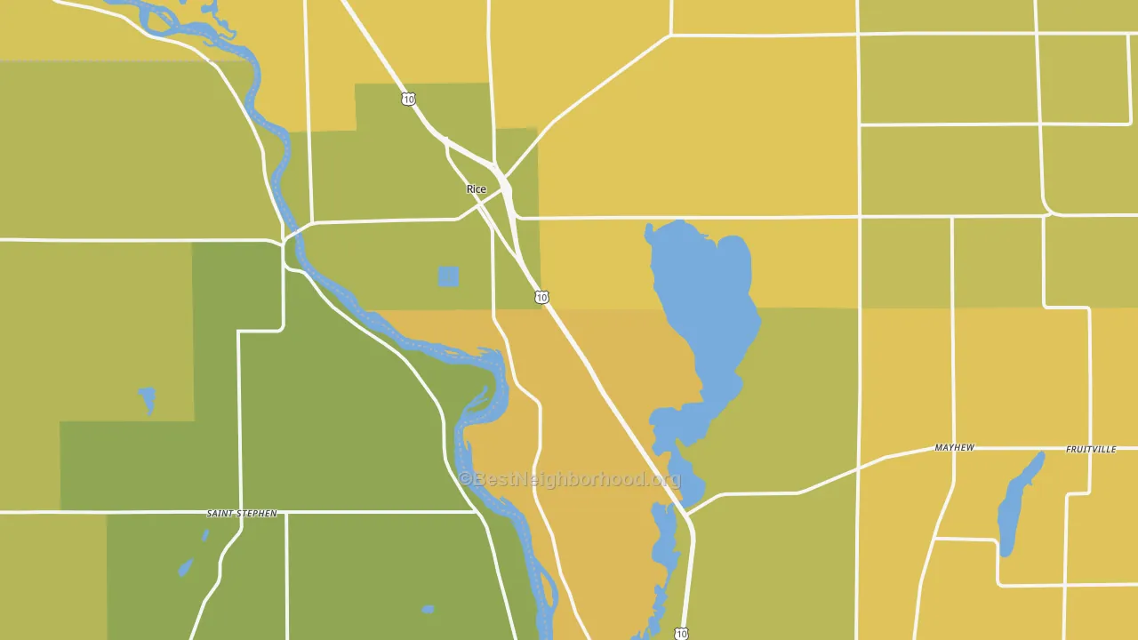 Map of the best neighborhoods in the 56367 area, with better matches in green and worse matches in red