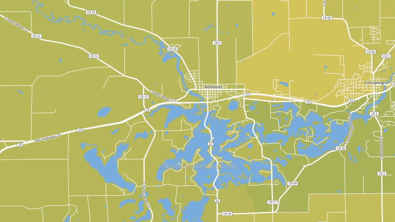 Map of the best neighborhoods in the 56368 area, with better matches in green and worse matches in red