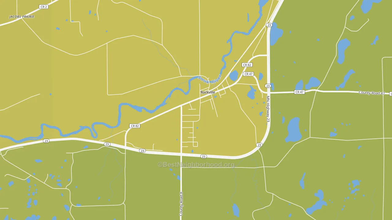 Map of the best neighborhoods in the 56369 area, with better matches in green and worse matches in red