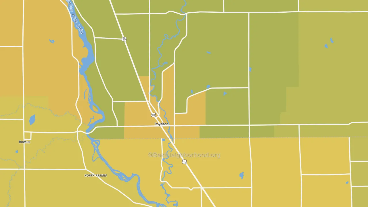 Map of the best neighborhoods in the 56373 area, with better matches in green and worse matches in red