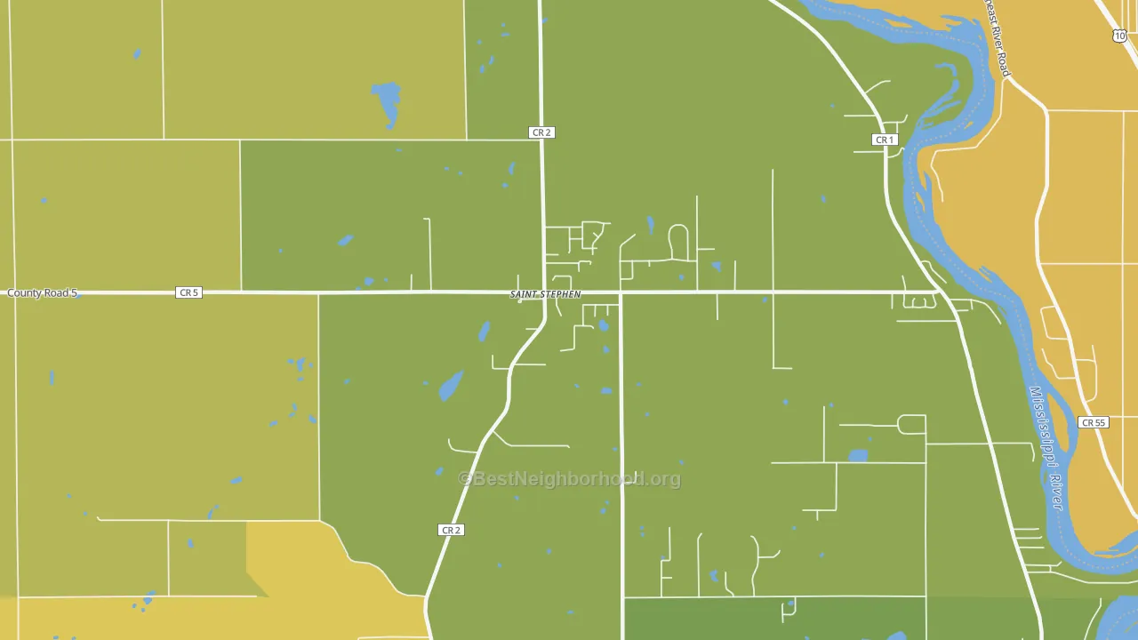 Map of the best neighborhoods in the 56375 area, with better matches in green and worse matches in red