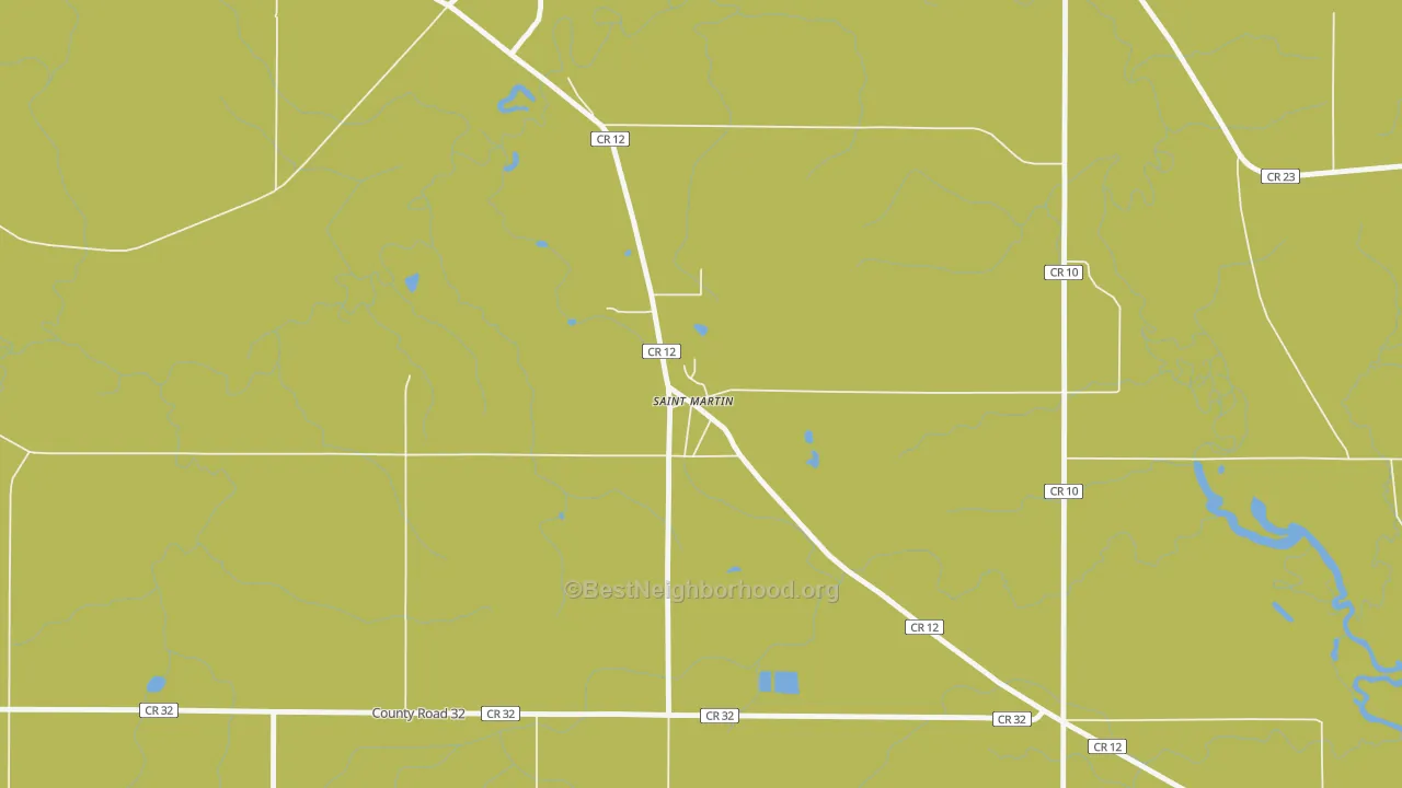 Map of the best neighborhoods in the 56376 area, with better matches in green and worse matches in red