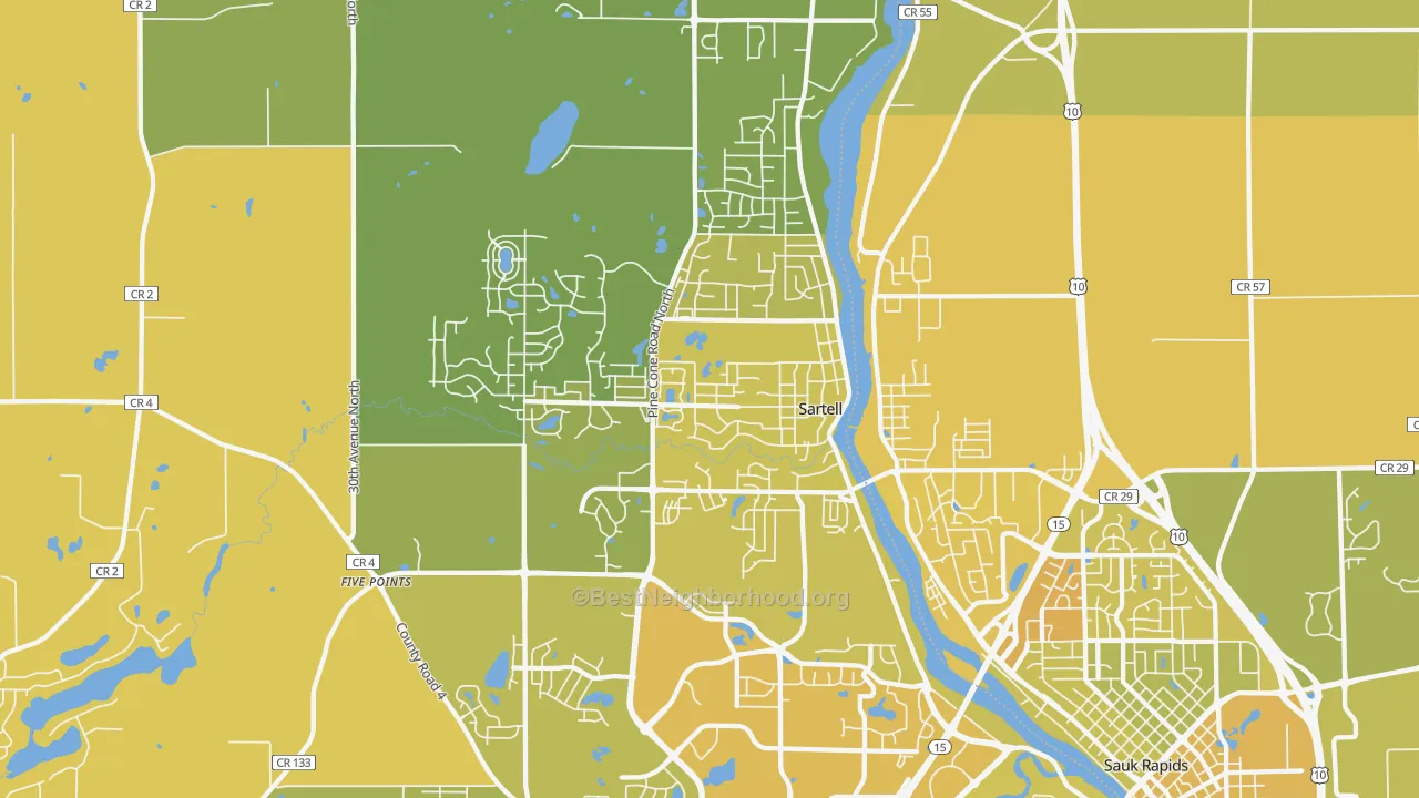 Map of the best neighborhoods in the 56377 area, with better matches in green and worse matches in red