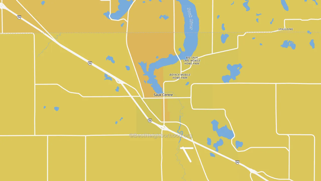 Map of the best neighborhoods in the 56378 area, with better matches in green and worse matches in red