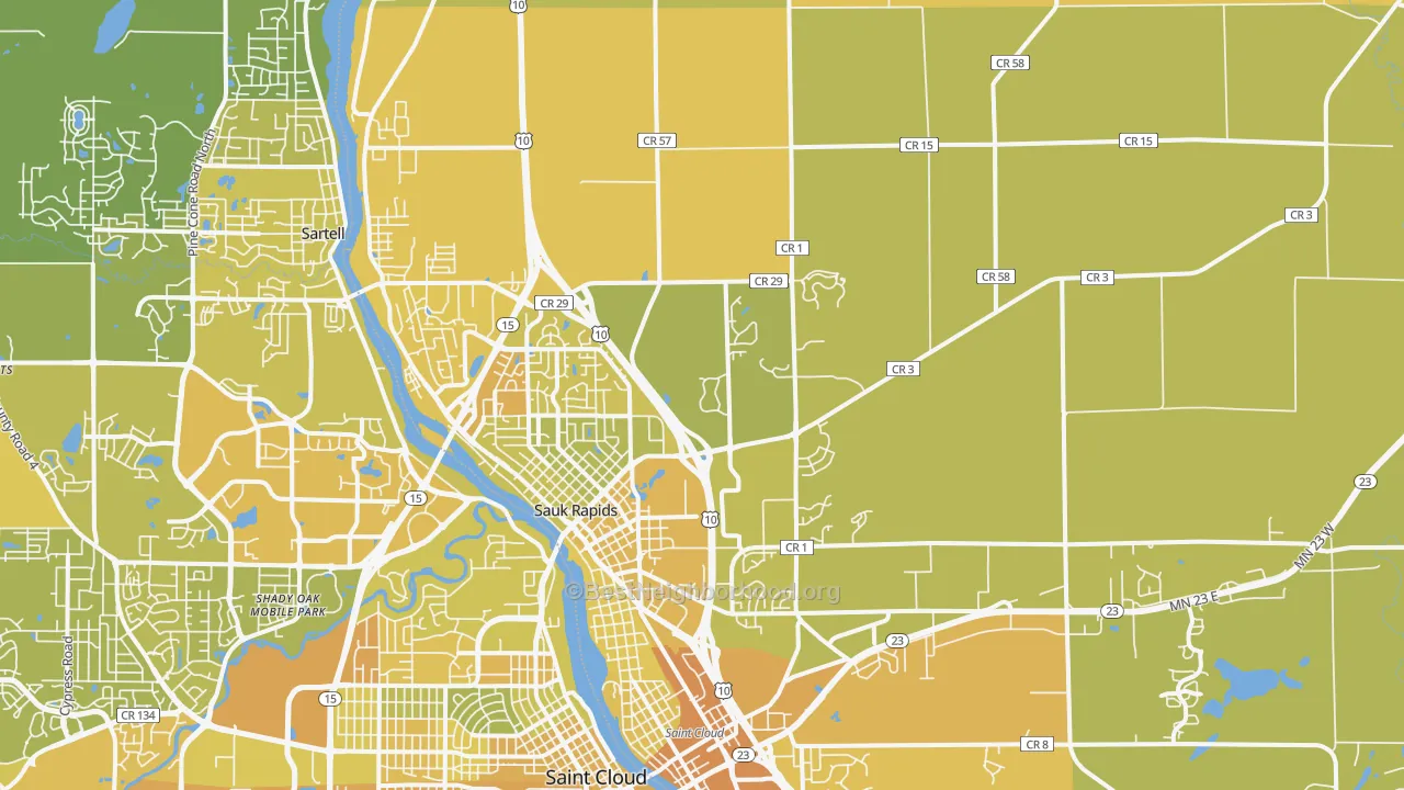 Map of the best neighborhoods in the 56379 area, with better matches in green and worse matches in red