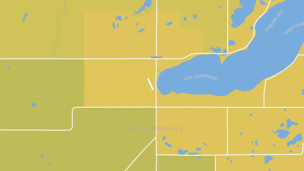 Map of the best neighborhoods in the 56381 area, with better matches in green and worse matches in red