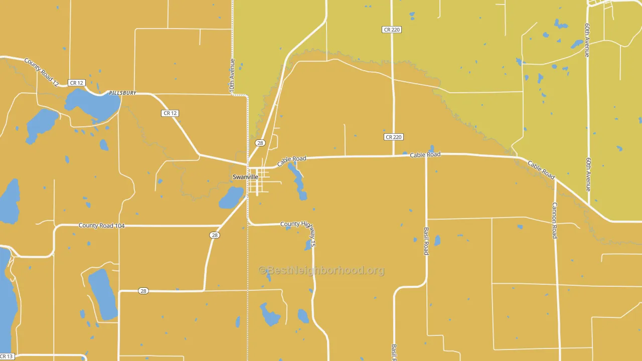 Map of the best neighborhoods in the 56382 area, with better matches in green and worse matches in red