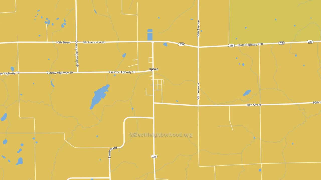 Map of the best neighborhoods in the 56384 area, with better matches in green and worse matches in red