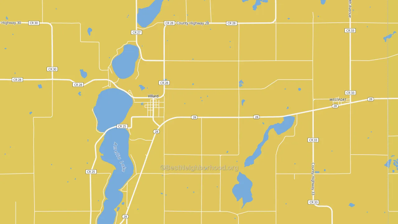 Map of the best neighborhoods in the 56385 area, with better matches in green and worse matches in red