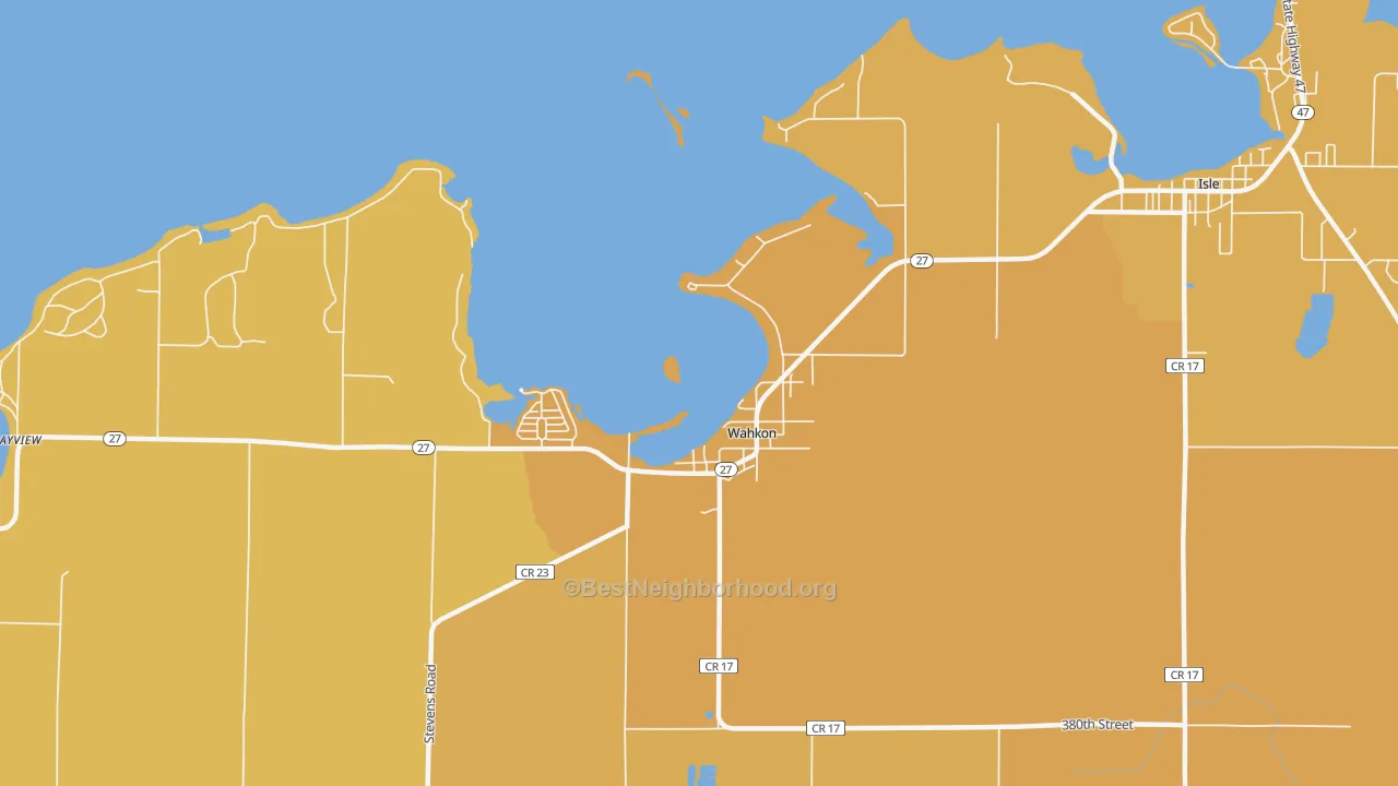 Map of the best neighborhoods in the 56386 area, with better matches in green and worse matches in red