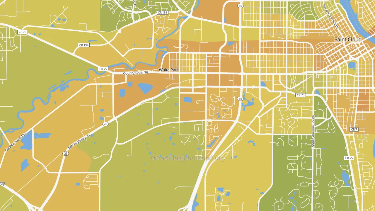 Map of the best neighborhoods in the 56387 area, with better matches in green and worse matches in red
