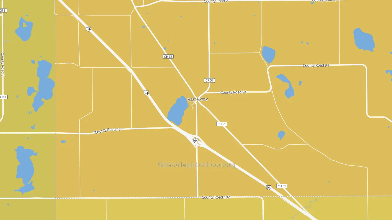 Map of the best neighborhoods in the 56389 area, with better matches in green and worse matches in red
