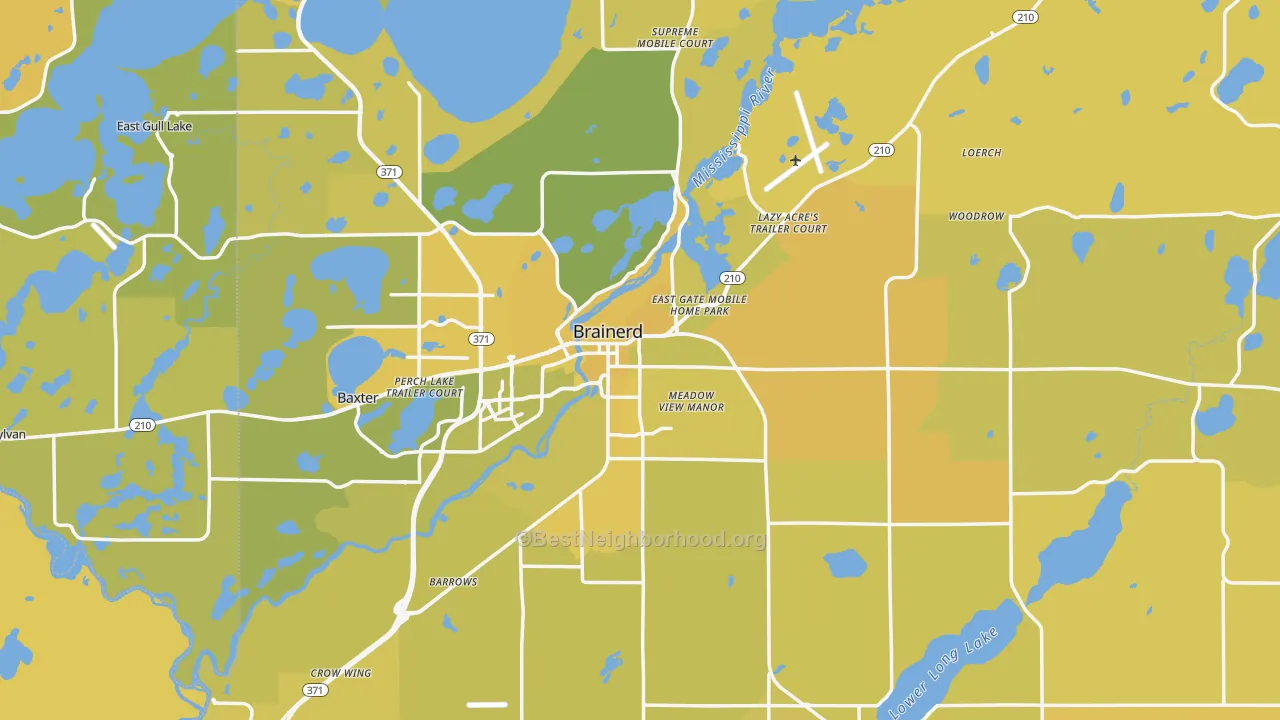 Map of the best neighborhoods in the 56401 area, with better matches in green and worse matches in red
