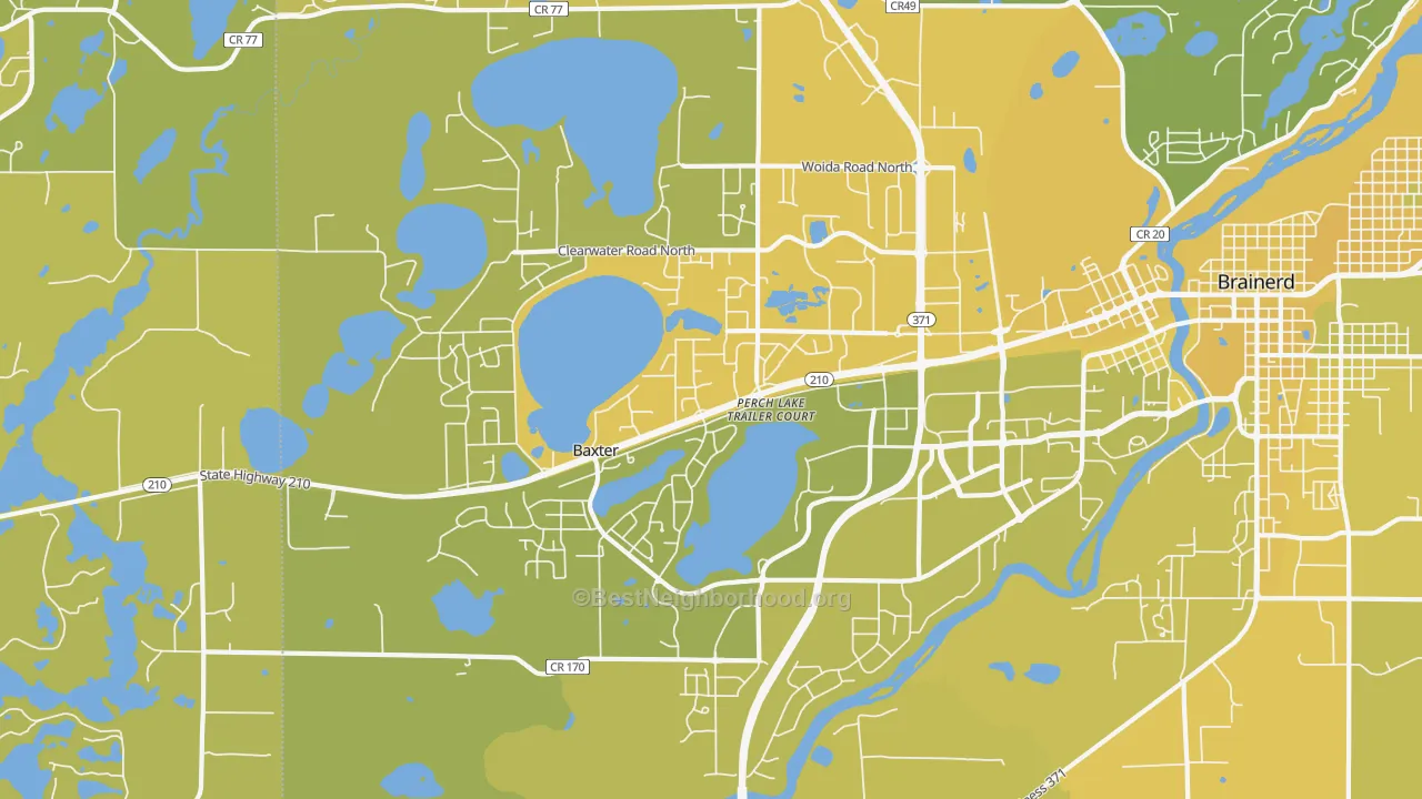 Map of the best neighborhoods in the 56425 area, with better matches in green and worse matches in red