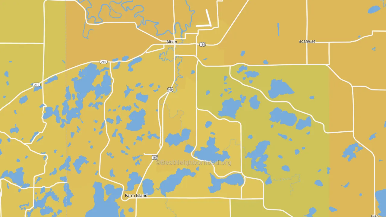 Map of the best neighborhoods in the 56431 area, with better matches in green and worse matches in red