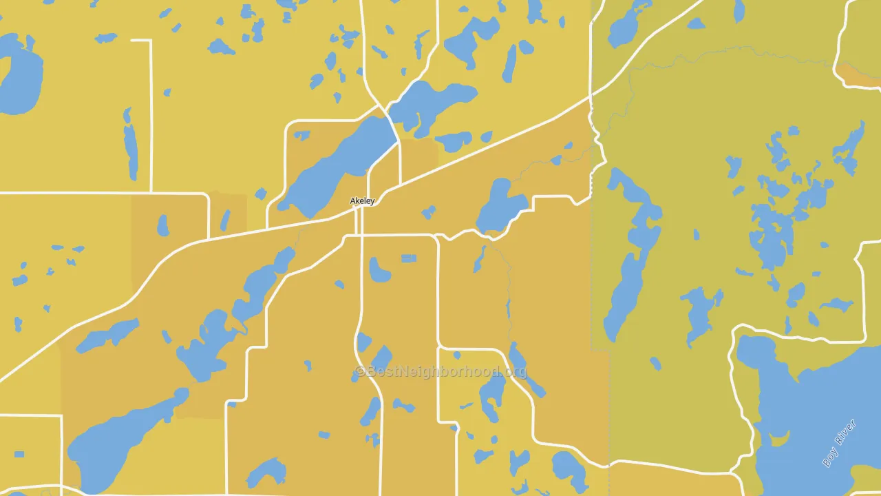 Map of the best neighborhoods in the 56433 area, with better matches in green and worse matches in red