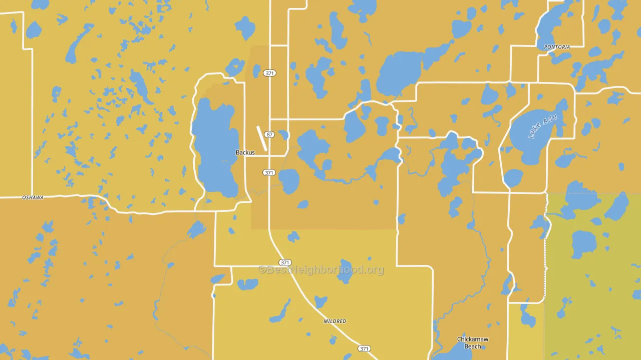Map of the best neighborhoods in the 56435 area, with better matches in green and worse matches in red