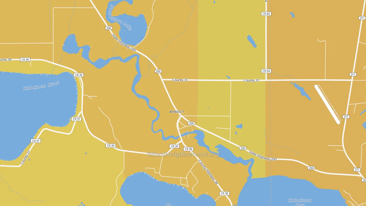 Map of the best neighborhoods in the 56436 area, with better matches in green and worse matches in red
