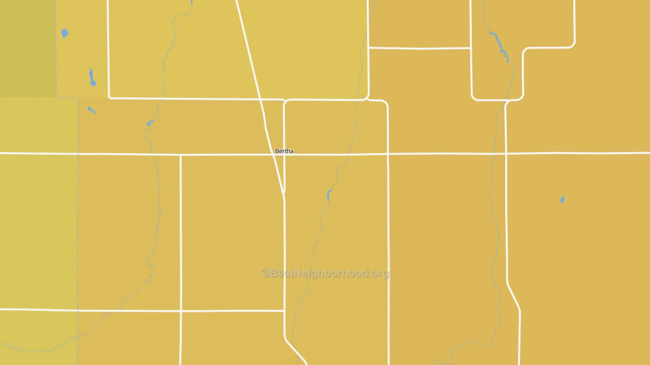 Map of the best neighborhoods in the 56437 area, with better matches in green and worse matches in red