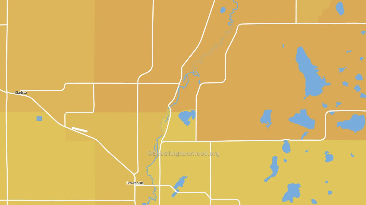 Map of the best neighborhoods in the 56438 area, with better matches in green and worse matches in red