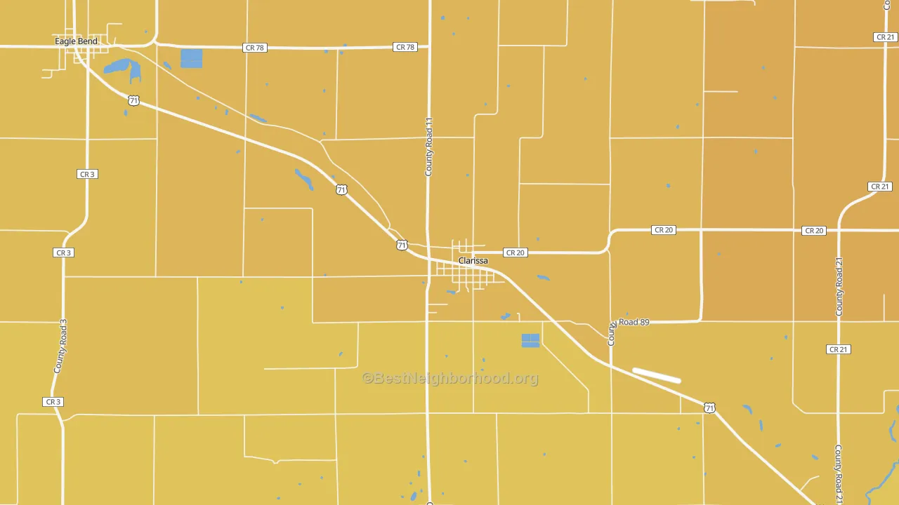 Map of the best neighborhoods in the 56440 area, with better matches in green and worse matches in red