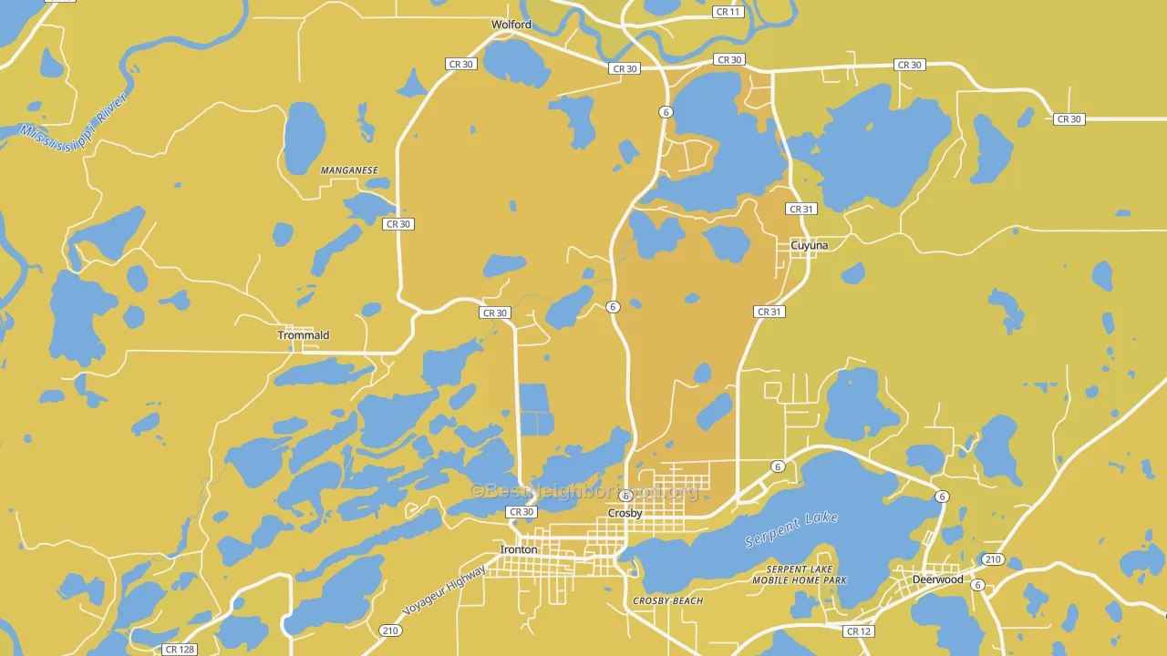 Map of the best neighborhoods in the 56441 area, with better matches in green and worse matches in red