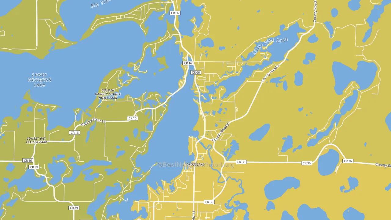Map of the best neighborhoods in the 56442 area, with better matches in green and worse matches in red