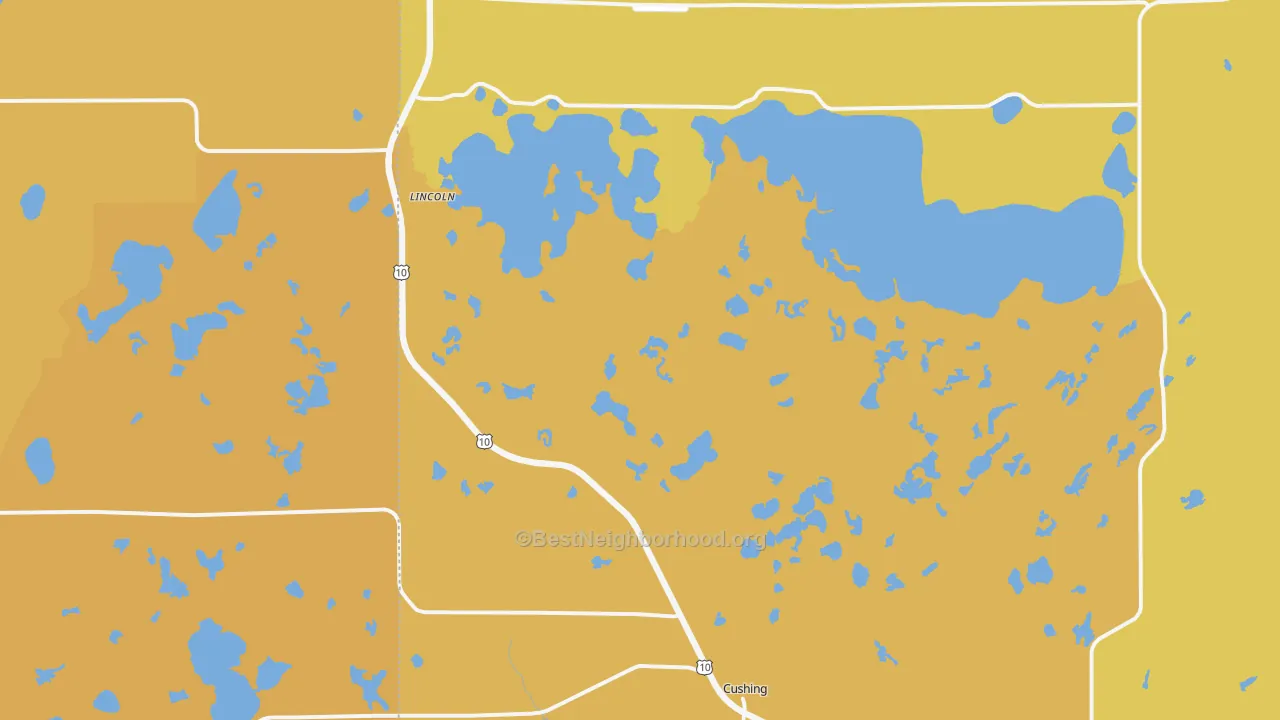 Map of the best neighborhoods in the 56443 area, with better matches in green and worse matches in red