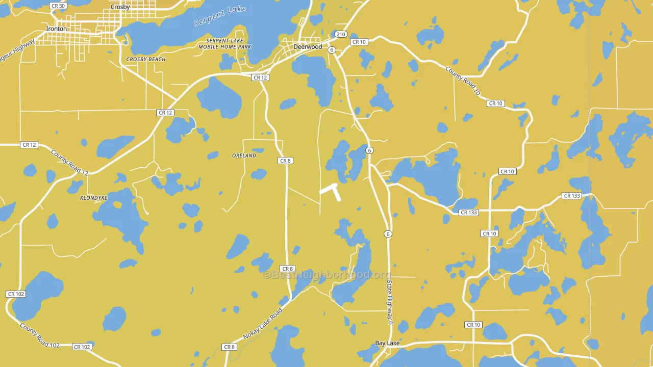 Map of the best neighborhoods in the 56444 area, with better matches in green and worse matches in red