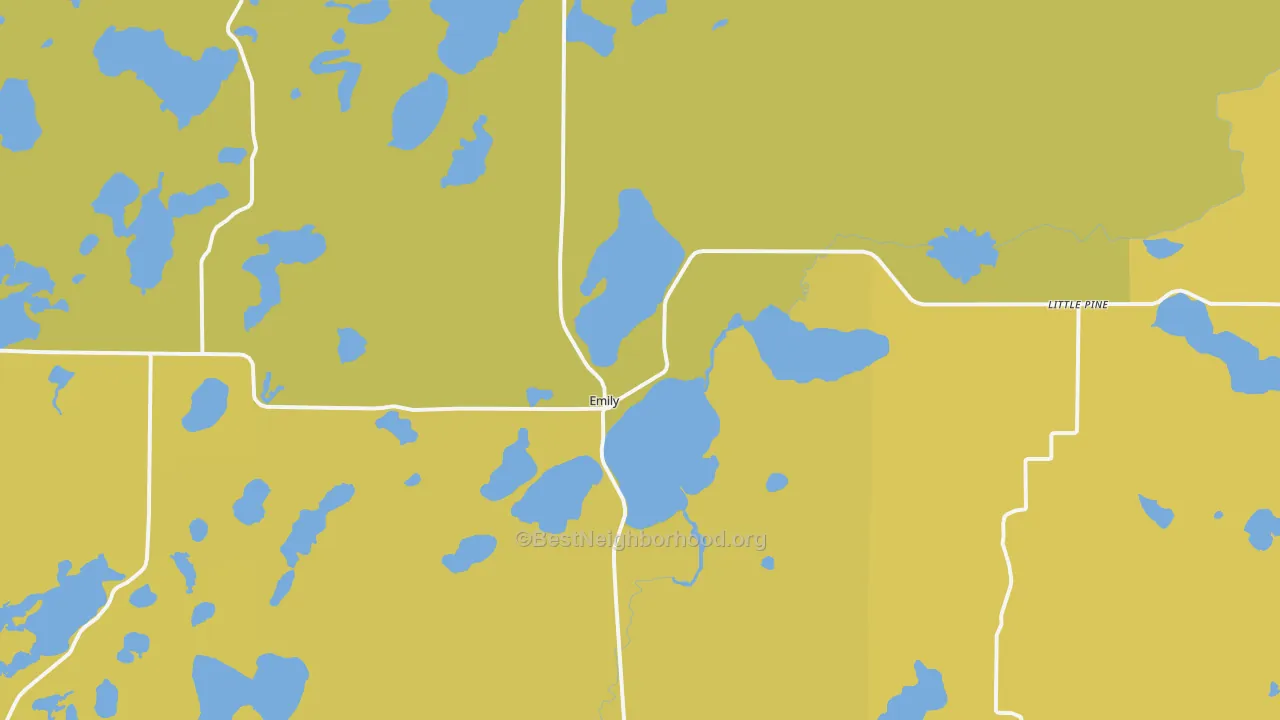 Map of the best neighborhoods in the 56447 area, with better matches in green and worse matches in red