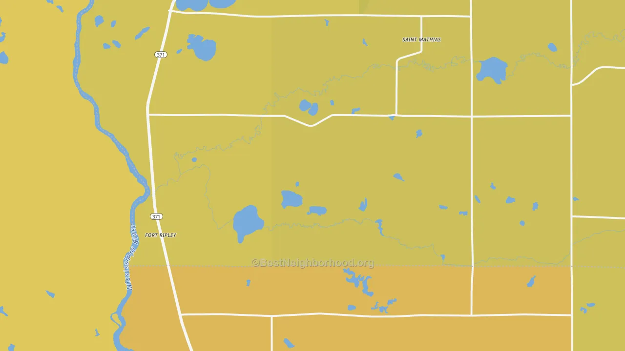 Map of the best neighborhoods in the 56449 area, with better matches in green and worse matches in red