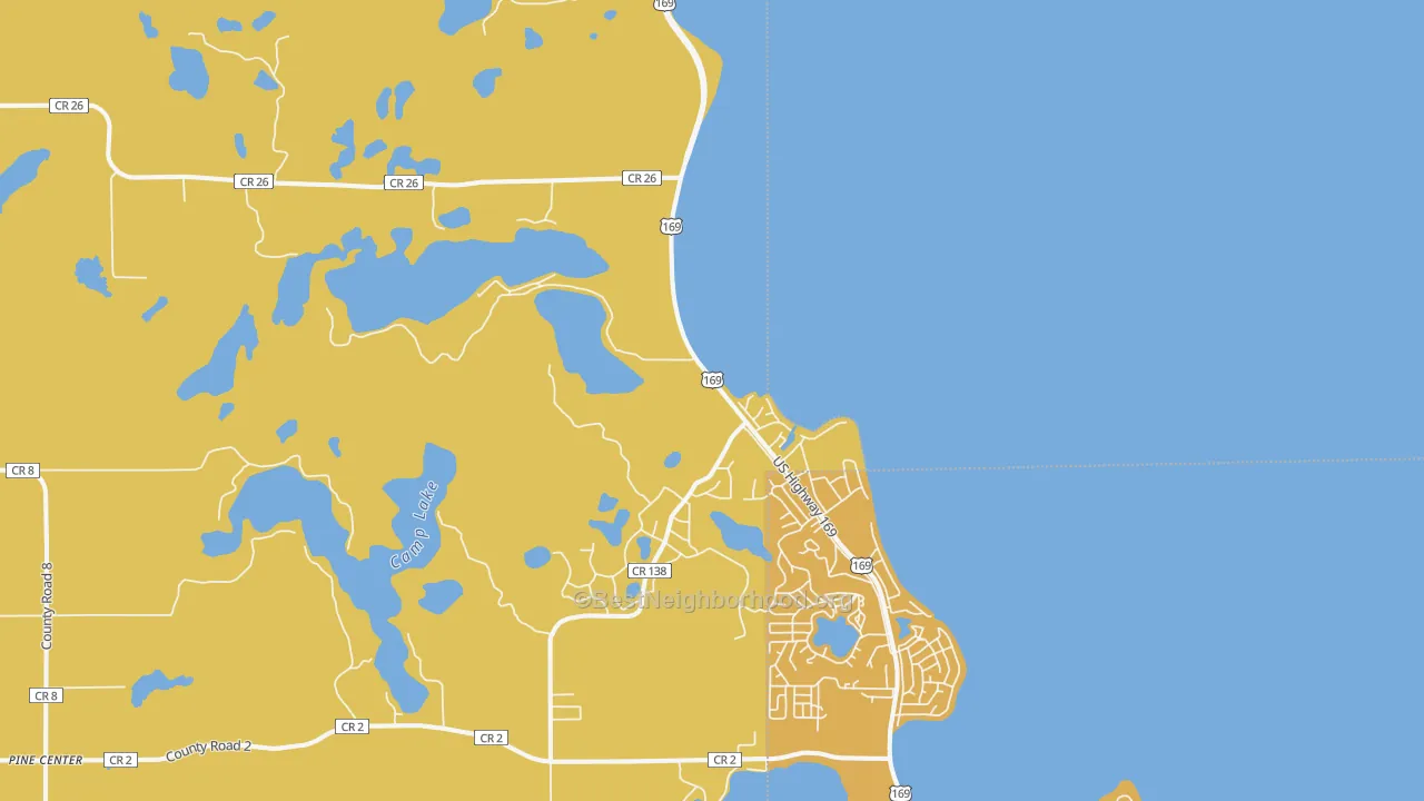 Map of the best neighborhoods in the 56450 area, with better matches in green and worse matches in red