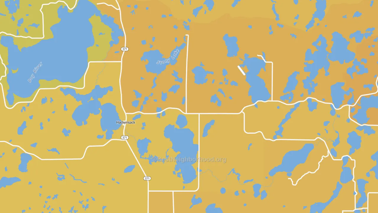 Map of the best neighborhoods in the 56452 area, with better matches in green and worse matches in red