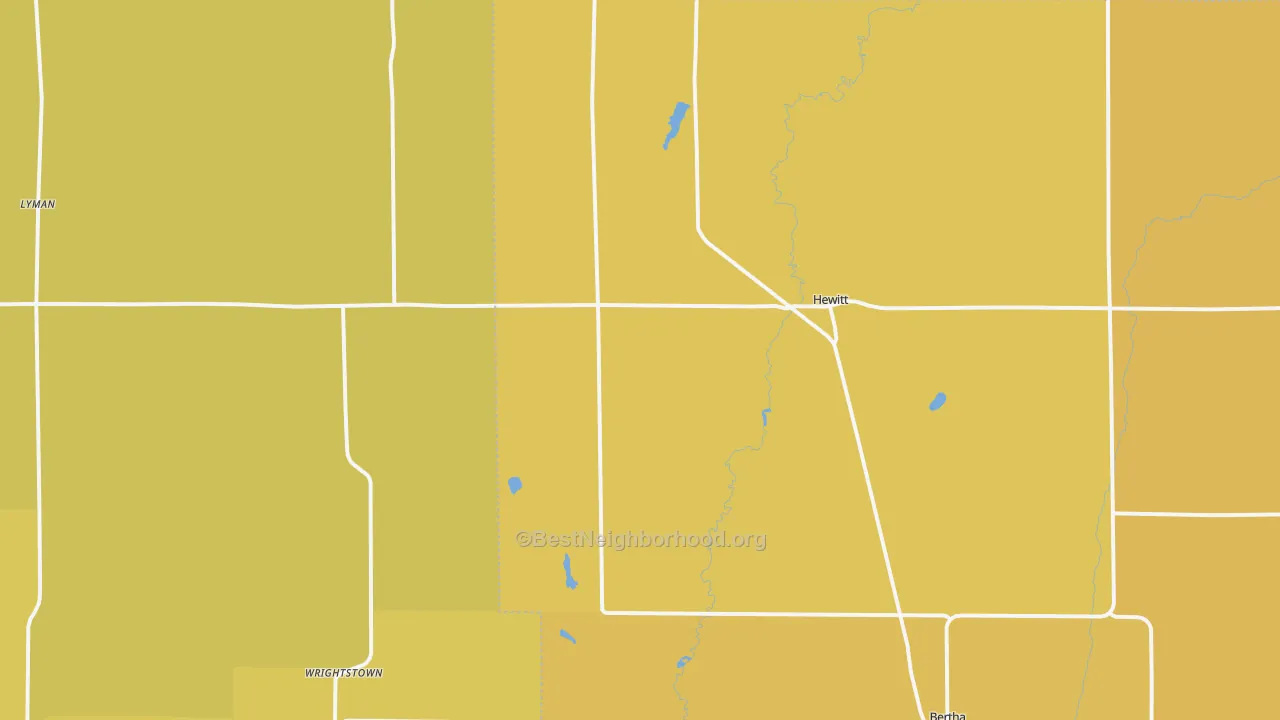 Map of the best neighborhoods in the 56453 area, with better matches in green and worse matches in red