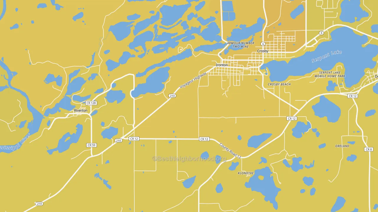 Map of the best neighborhoods in the 56455 area, with better matches in green and worse matches in red